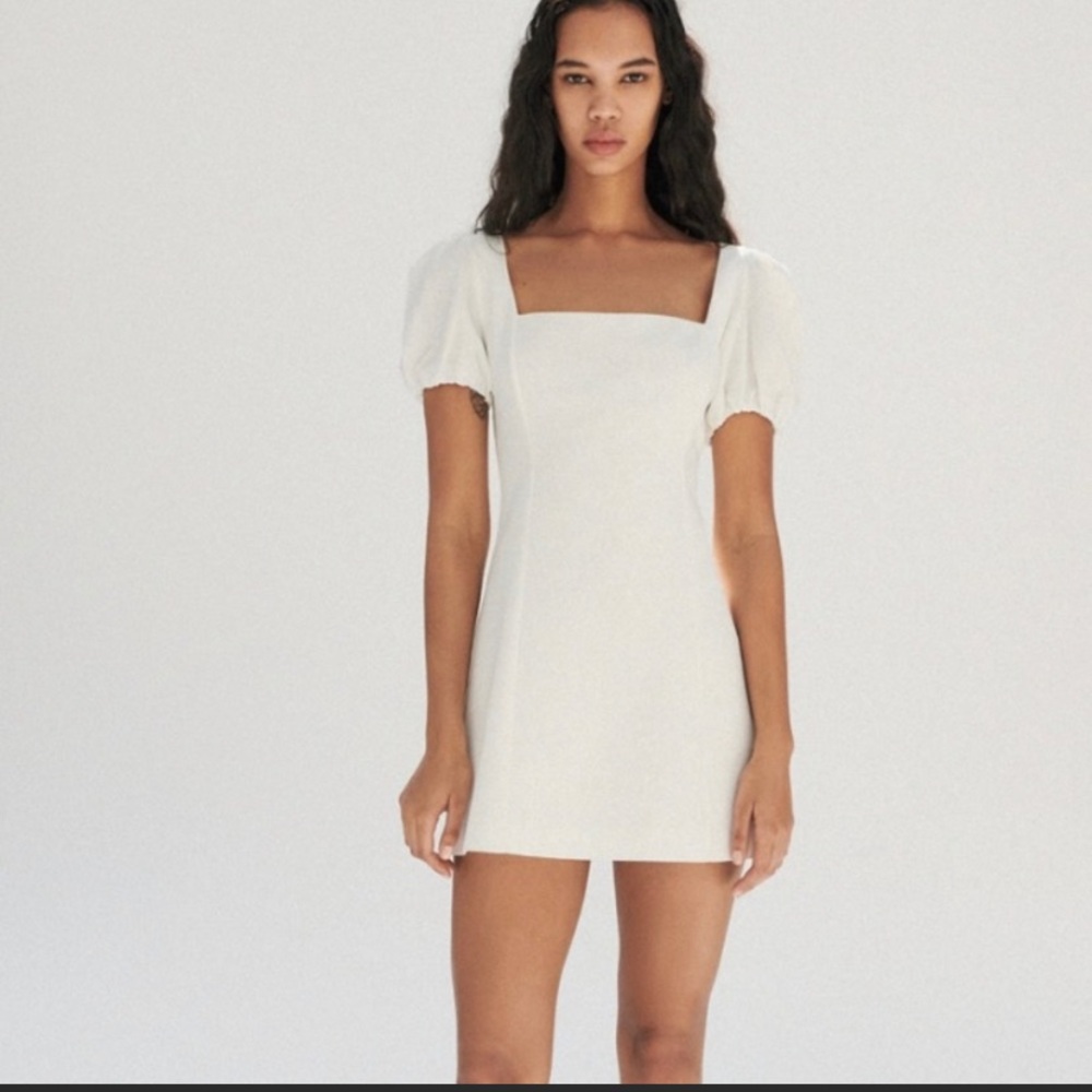 Zara White Square Neck Mini Dress with Puff Sleeves